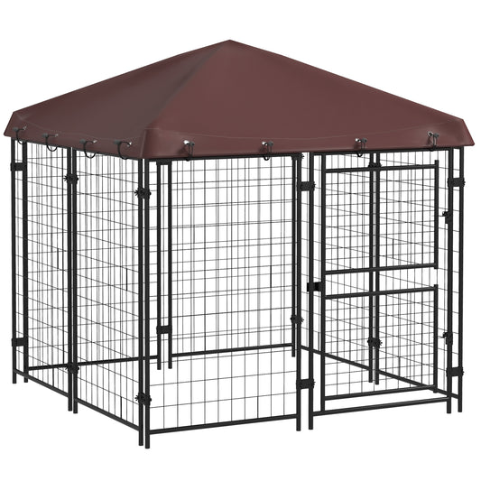 PawHut 4.6' x 4.6' x 5' Dog Kennel Outdoor with Waterproof Cover, Dog Playpen for Small and Medium-Sized Dogs with Two Part Door Design, Brown