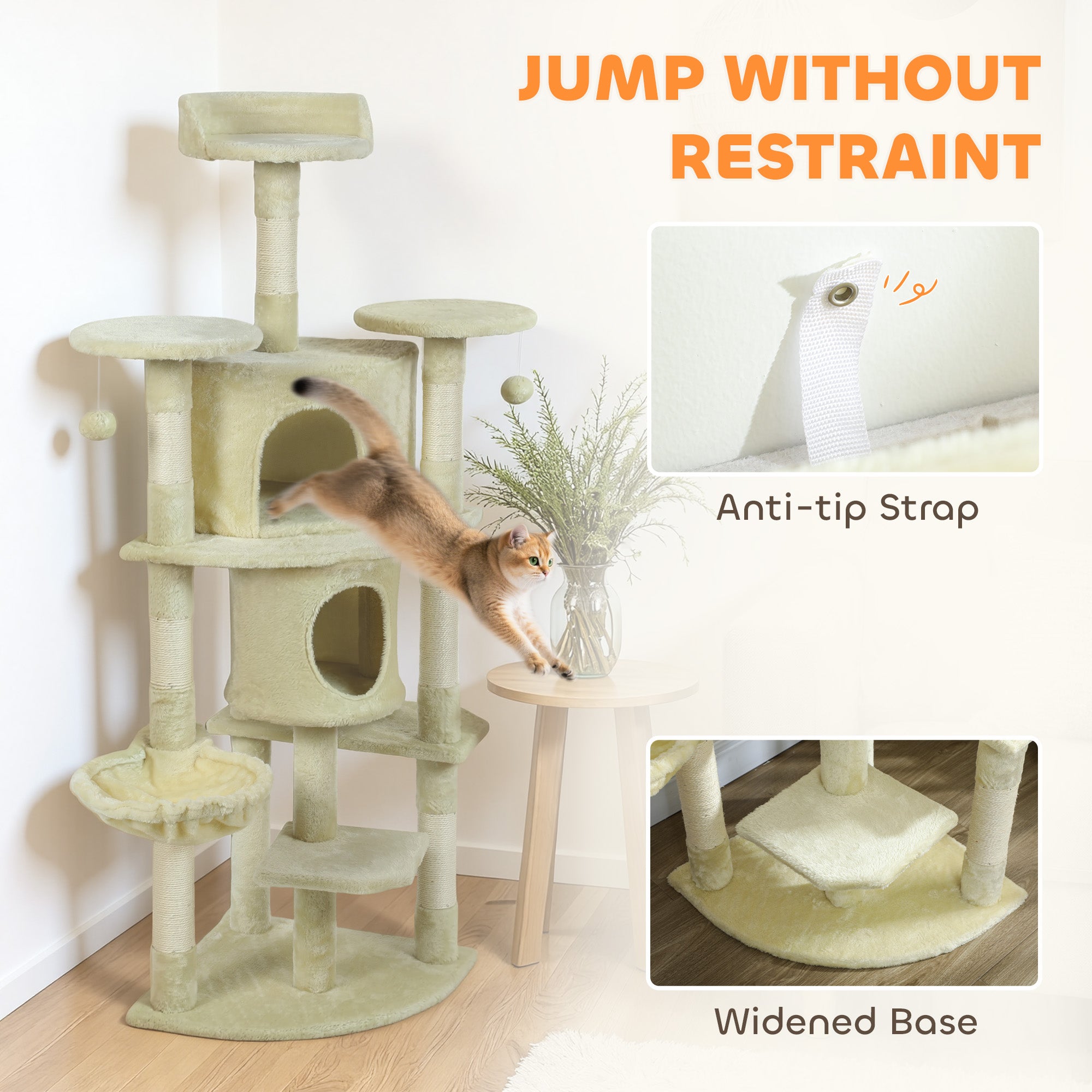 Cat Tree, 62" Multi-Level Cat Tower with Scratching Posts, 2 Condos, Hammock, Perches, Plush, Pompoms, for Indoor Kittens Playing, Resting, Sleeping, Beige