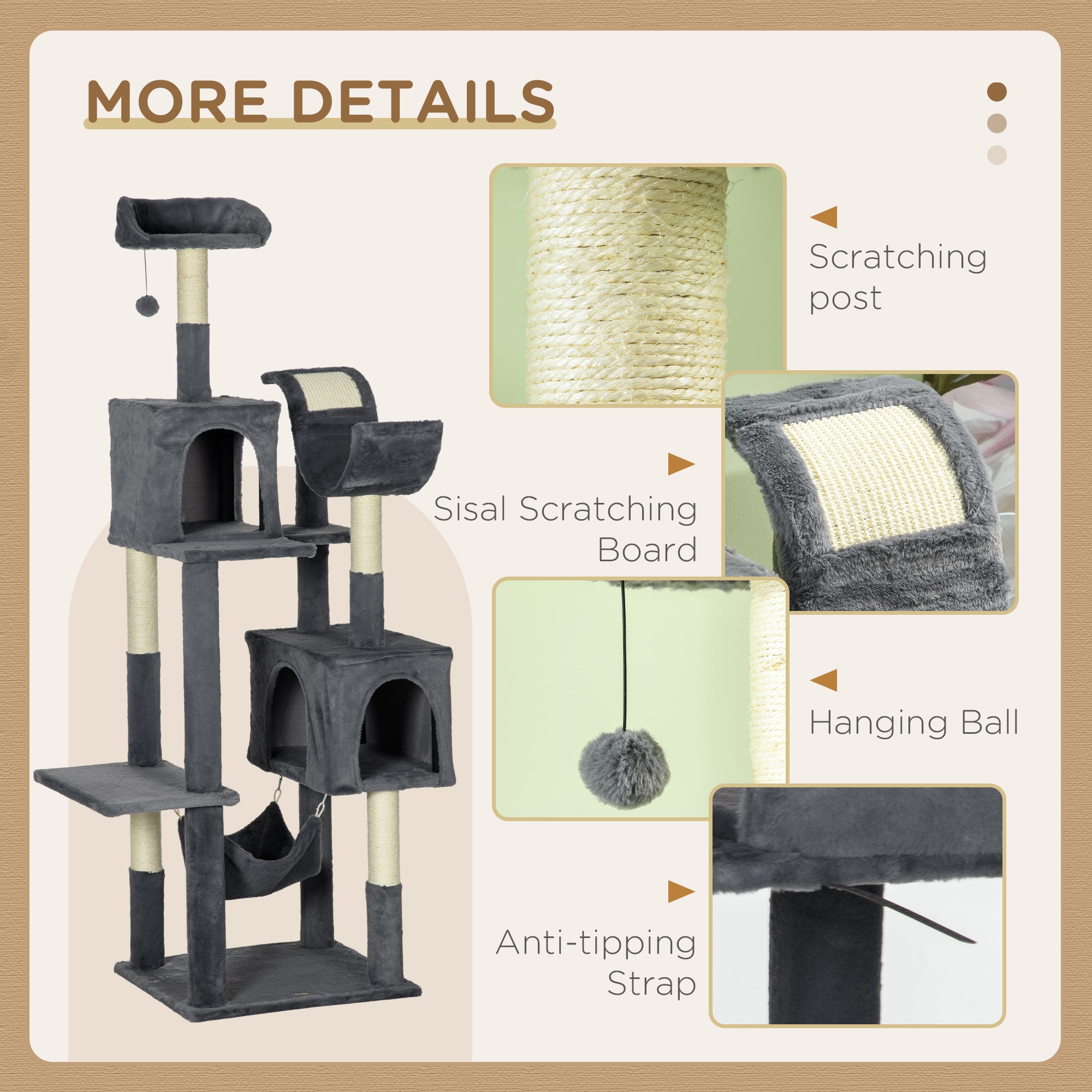 177cm Cat Tree for Indoor Cats, Mult-level Kitten Climbing Tower, with Scratching Posts, Two Cat Houses, Perches, Toy Ball - Dark Grey