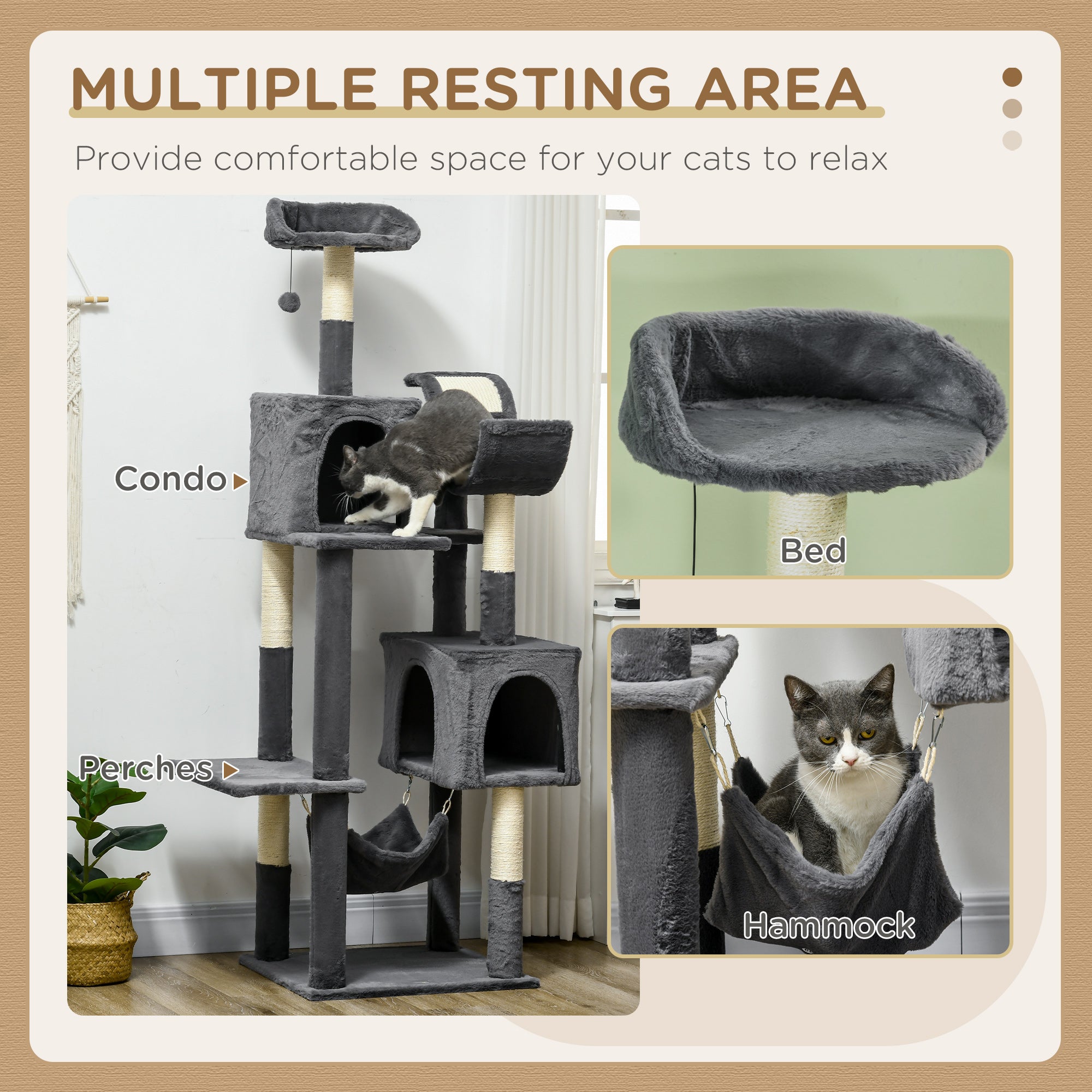 177cm Cat Tree for Indoor Cats, Mult-level Kitten Climbing Tower, with Scratching Posts, Two Cat Houses, Perches, Toy Ball - Dark Grey