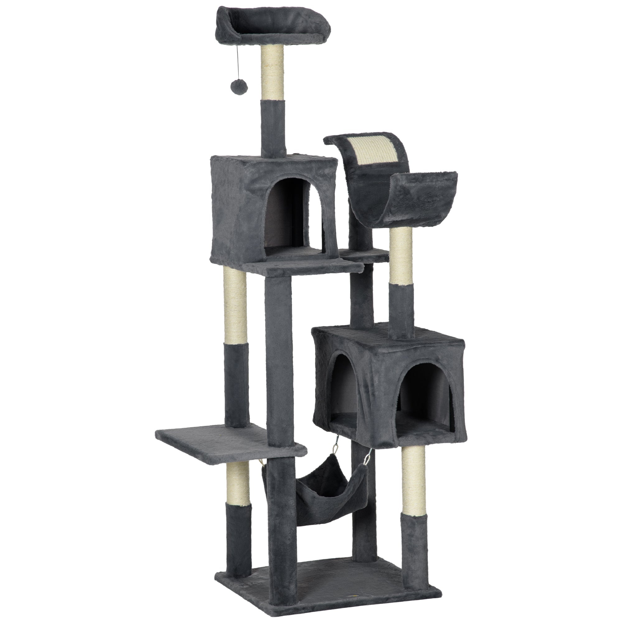177cm Cat Tree for Indoor Cats, Mult-level Kitten Climbing Tower, with Scratching Posts, Two Cat Houses, Perches, Toy Ball - Dark Grey