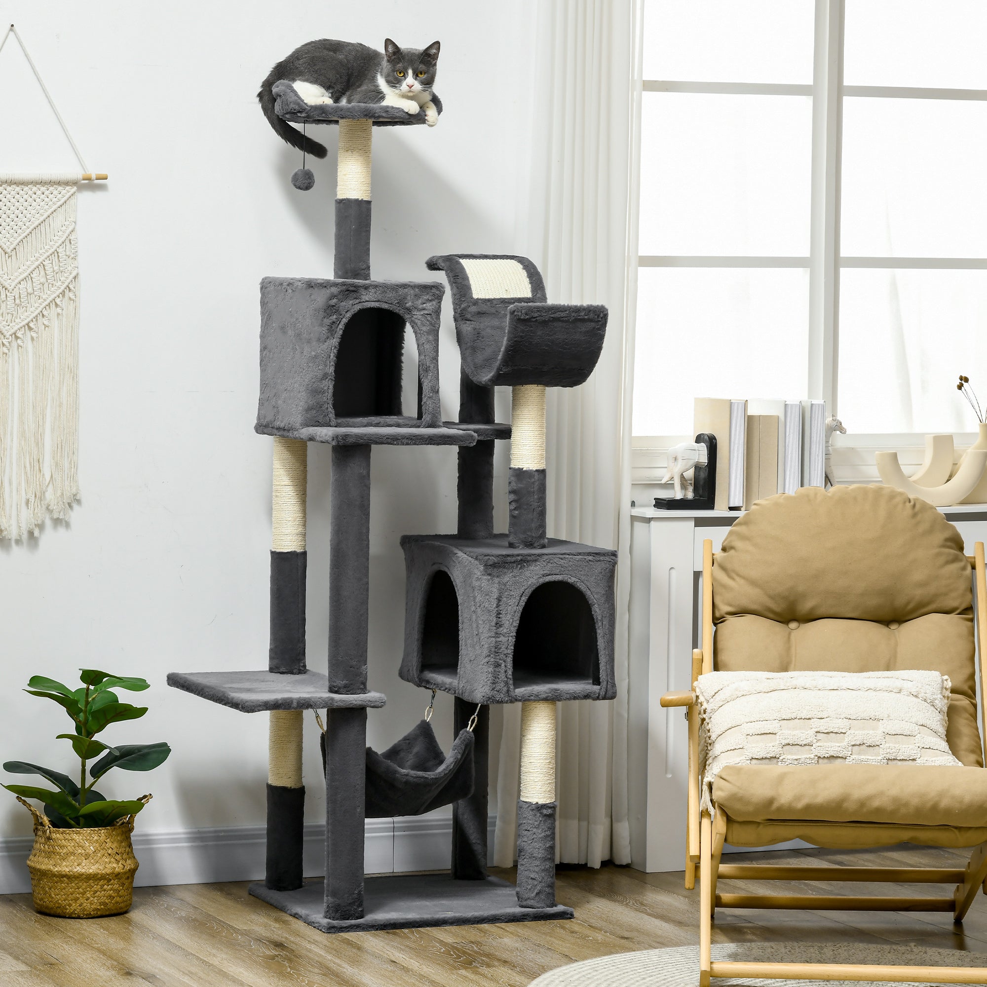 177cm Cat Tree for Indoor Cats, Mult-level Kitten Climbing Tower, with Scratching Posts, Two Cat Houses, Perches, Toy Ball - Dark Grey