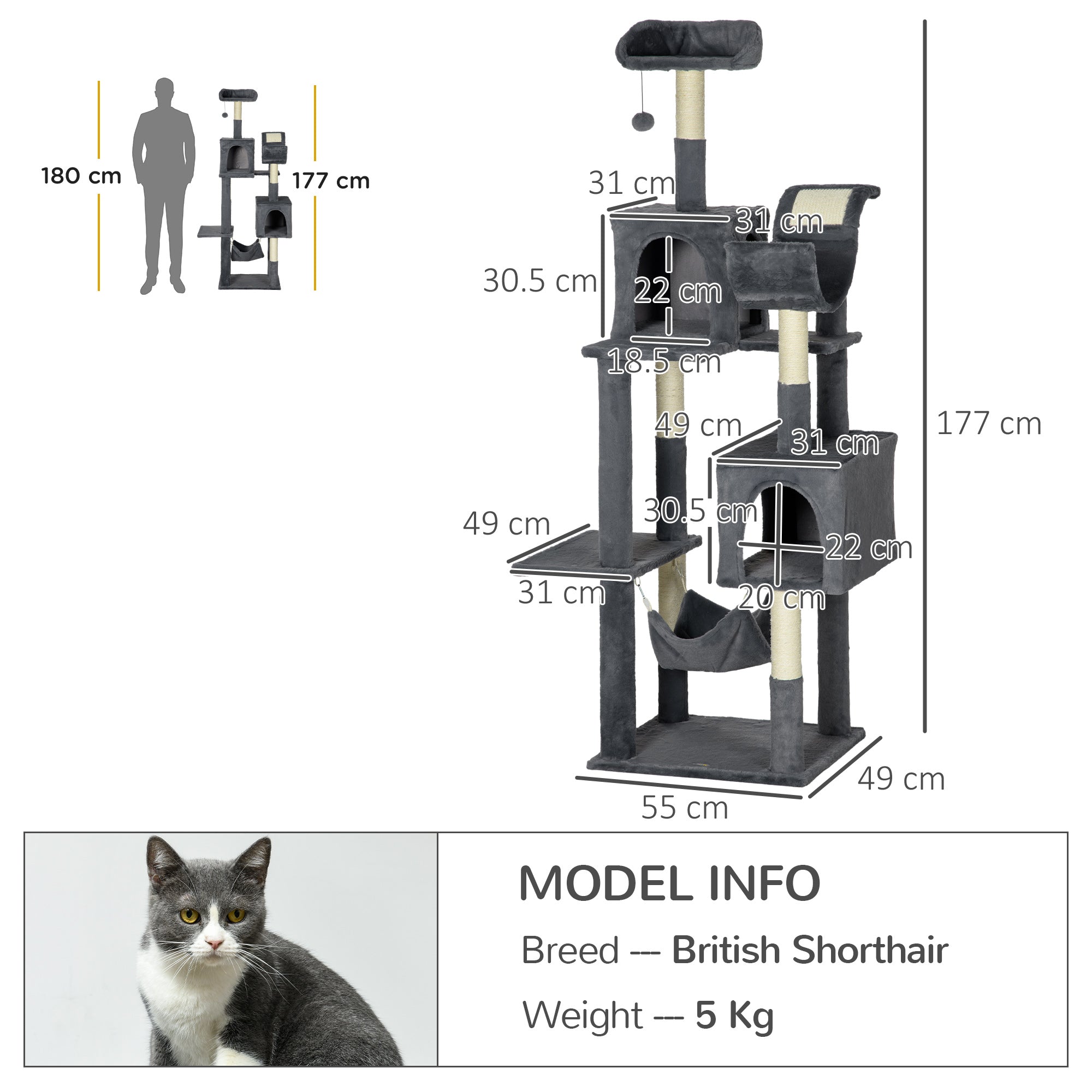 177cm Cat Tree for Indoor Cats, Mult-level Kitten Climbing Tower, with Scratching Posts, Two Cat Houses, Perches, Toy Ball - Dark Grey