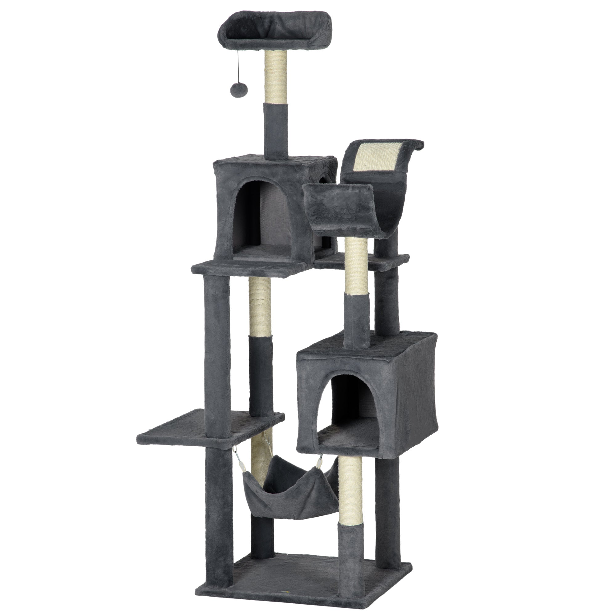 177cm Cat Tree for Indoor Cats, Mult-level Kitten Climbing Tower, with Scratching Posts, Two Cat Houses, Perches, Toy Ball - Dark Grey