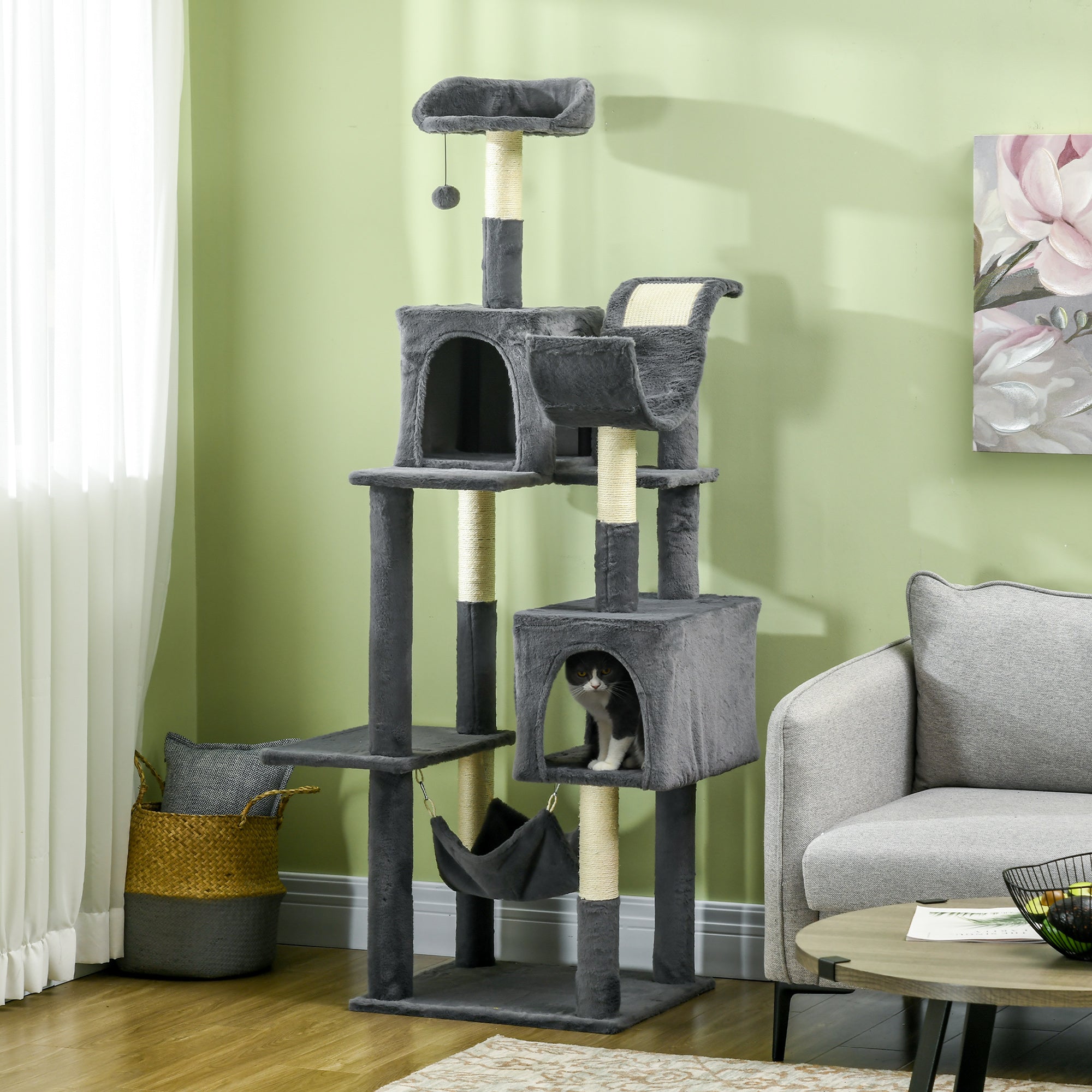 177cm Cat Tree for Indoor Cats, Mult-level Kitten Climbing Tower, with Scratching Posts, Two Cat Houses, Perches, Toy Ball - Dark Grey