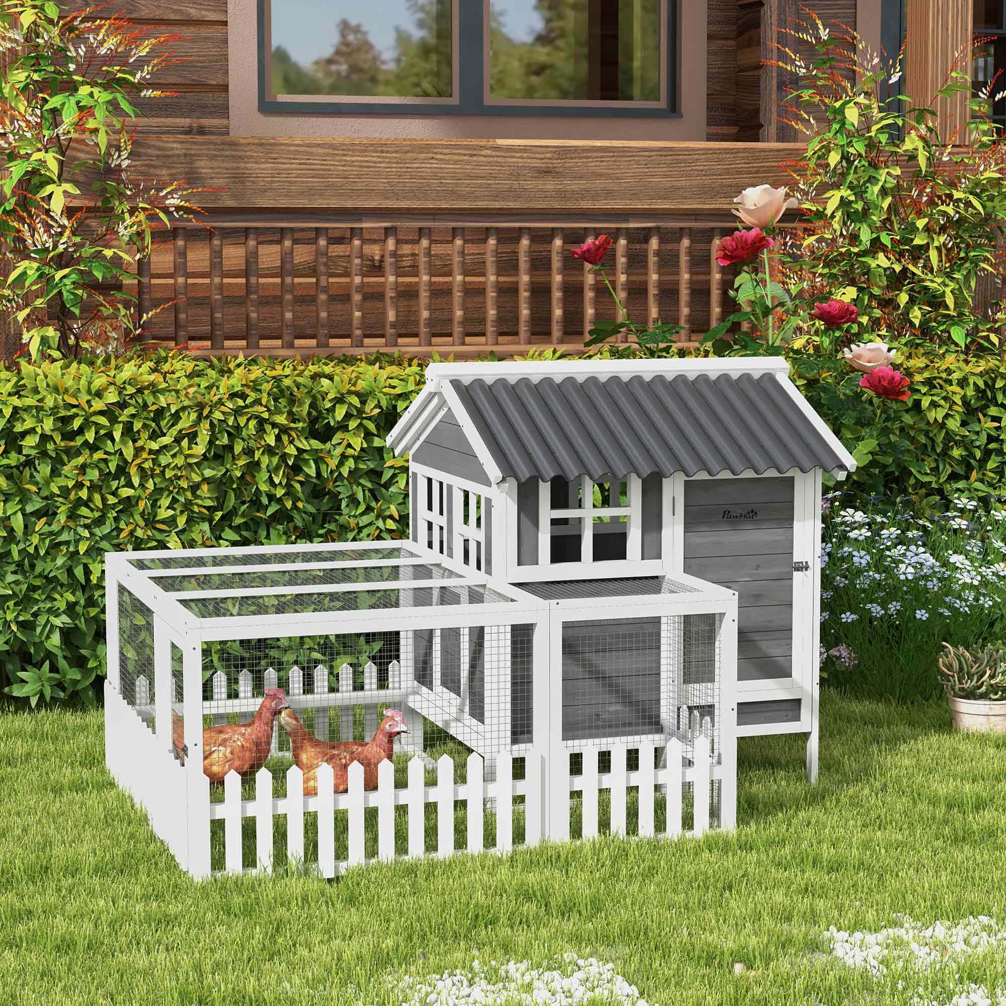 Wooden Chicken Coop with Run for 1-2 Chickens, Hen House with Nesting Box, Removable Tray, Fence, Outdoor Poultry Cage, 68" x 59" x 42" , Gray