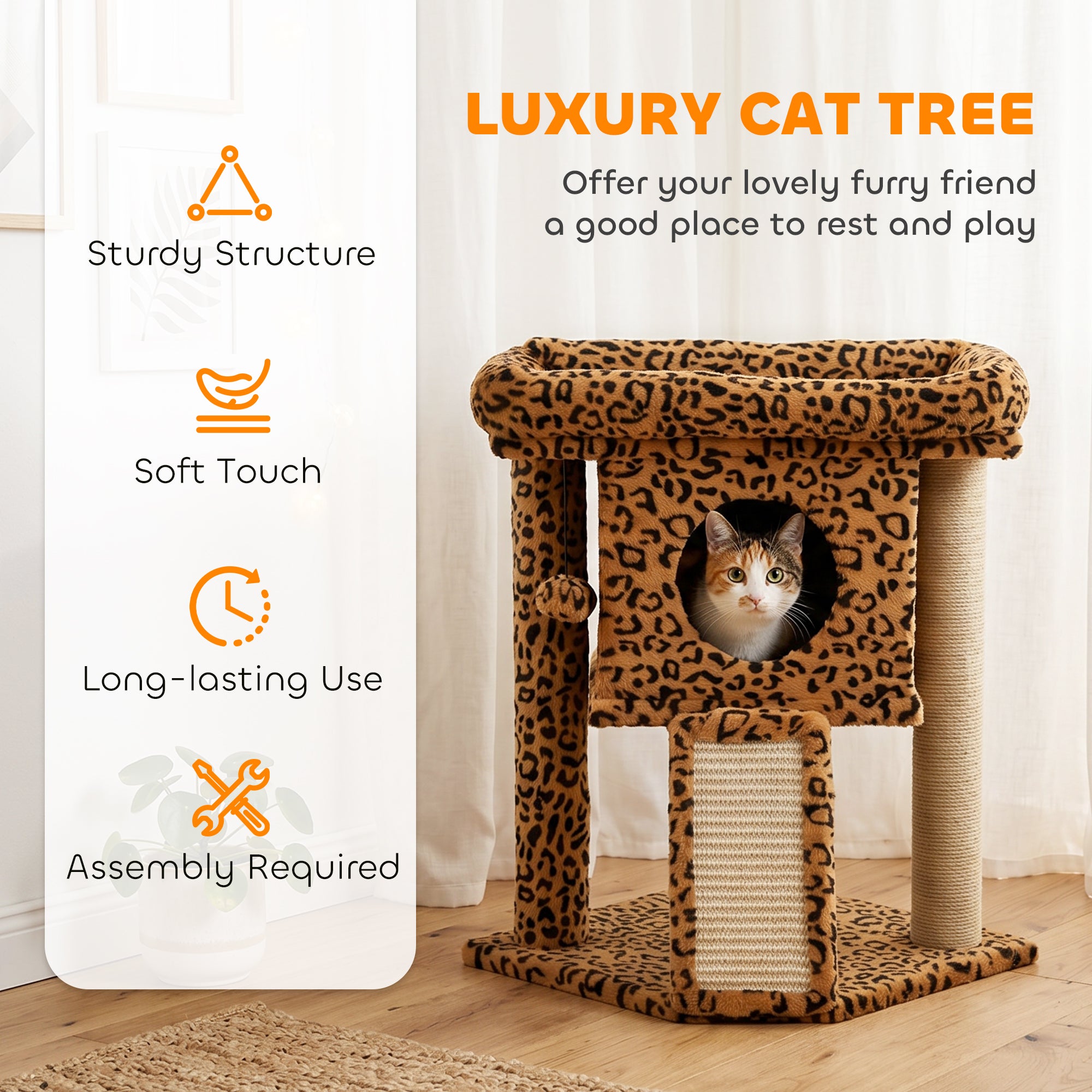 Cat Tree, Small Cat Tower with Perch, Scratching Post, Pet Condo, Toy Ball for Kitty, Indoor Use, Leopard Print