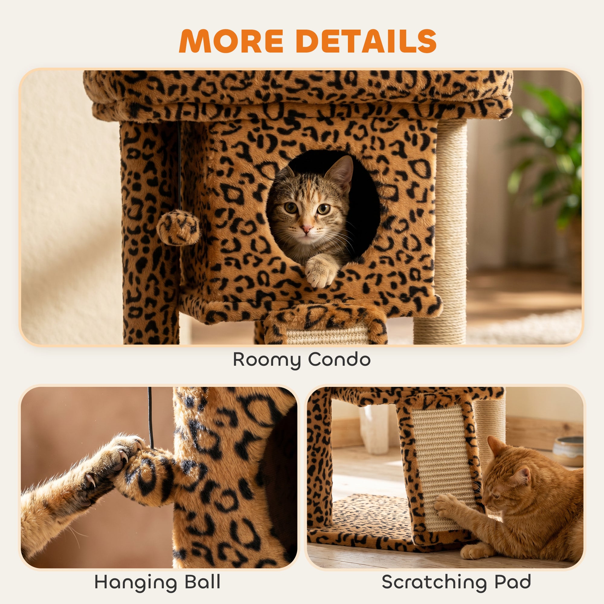 Cat Tree, Small Cat Tower with Perch, Scratching Post, Pet Condo, Toy Ball for Kitty, Indoor Use, Leopard Print
