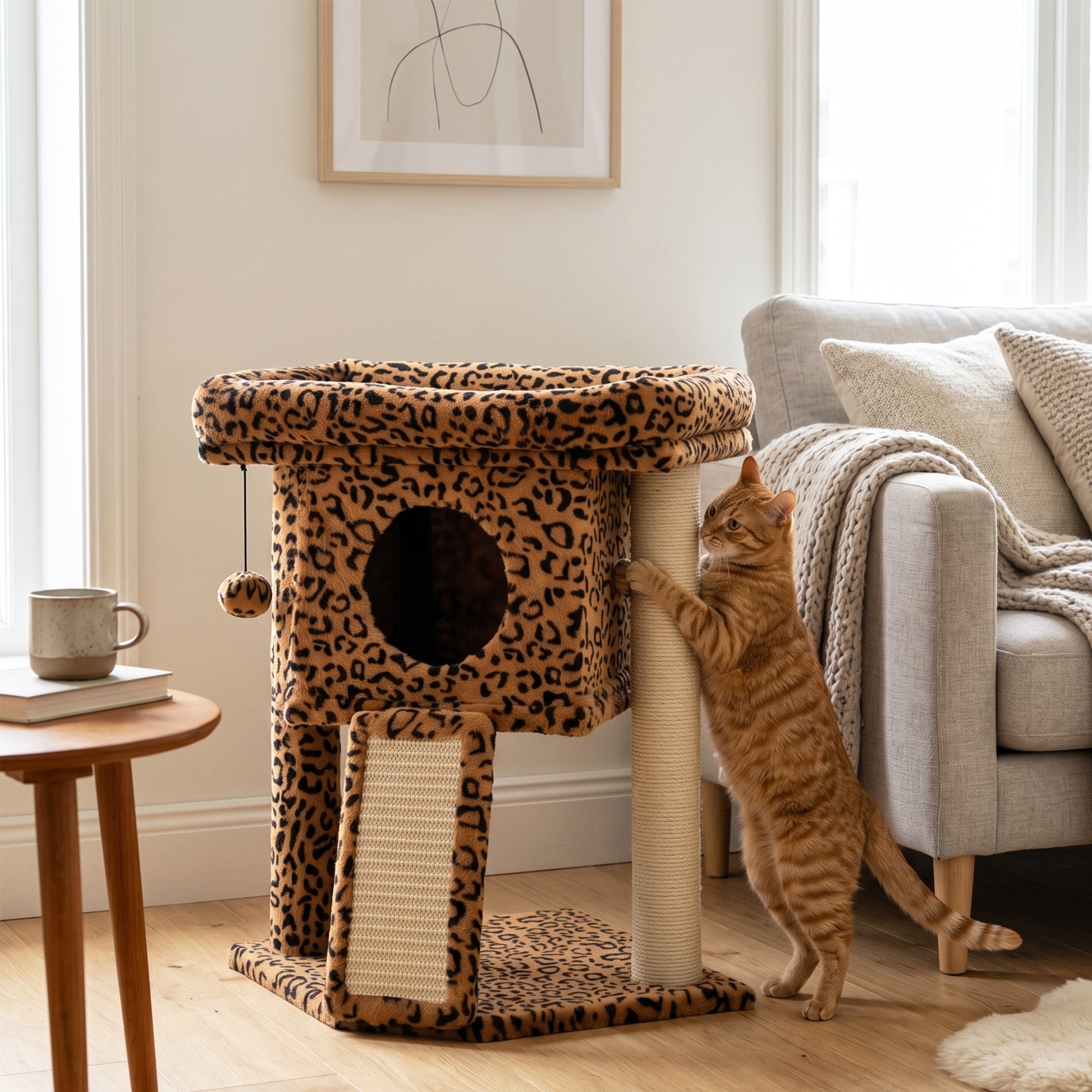 Cat Tree, Small Cat Tower with Perch, Scratching Post, Pet Condo, Toy Ball for Kitty, Indoor Use, Leopard Print
