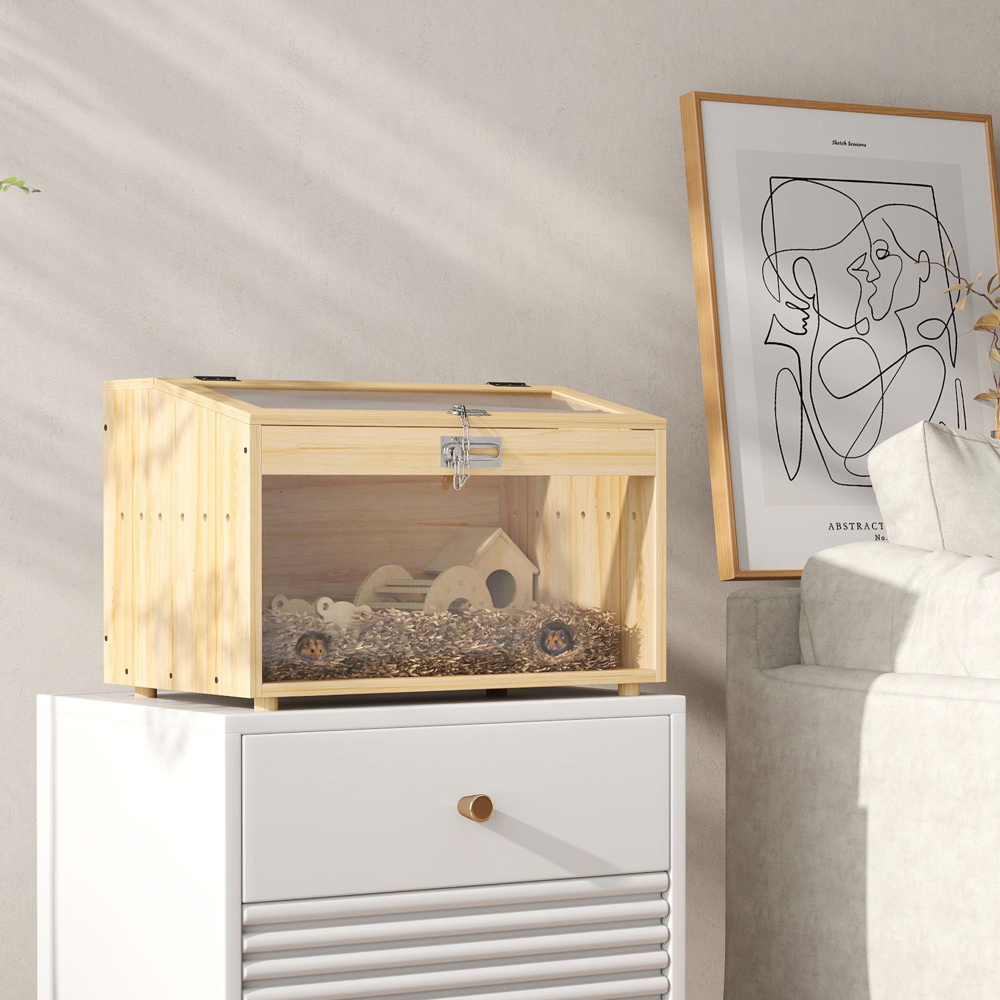 22"L Hamster Cage, Small Animal Cage with Openable Top & Transparent Acrylic Windows, Hamster Enclosure with Hut, Seesaw, Ladder, for Dwarf Hamster, Gerbil, Natural Wood