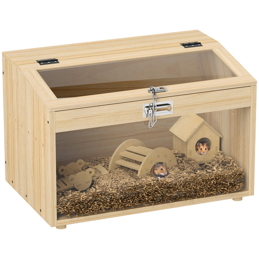22"L Hamster Cage, Small Animal Cage with Openable Top & Transparent Acrylic Windows, Hamster Enclosure with Hut, Seesaw, Ladder, for Dwarf Hamster, Gerbil, Natural Wood
