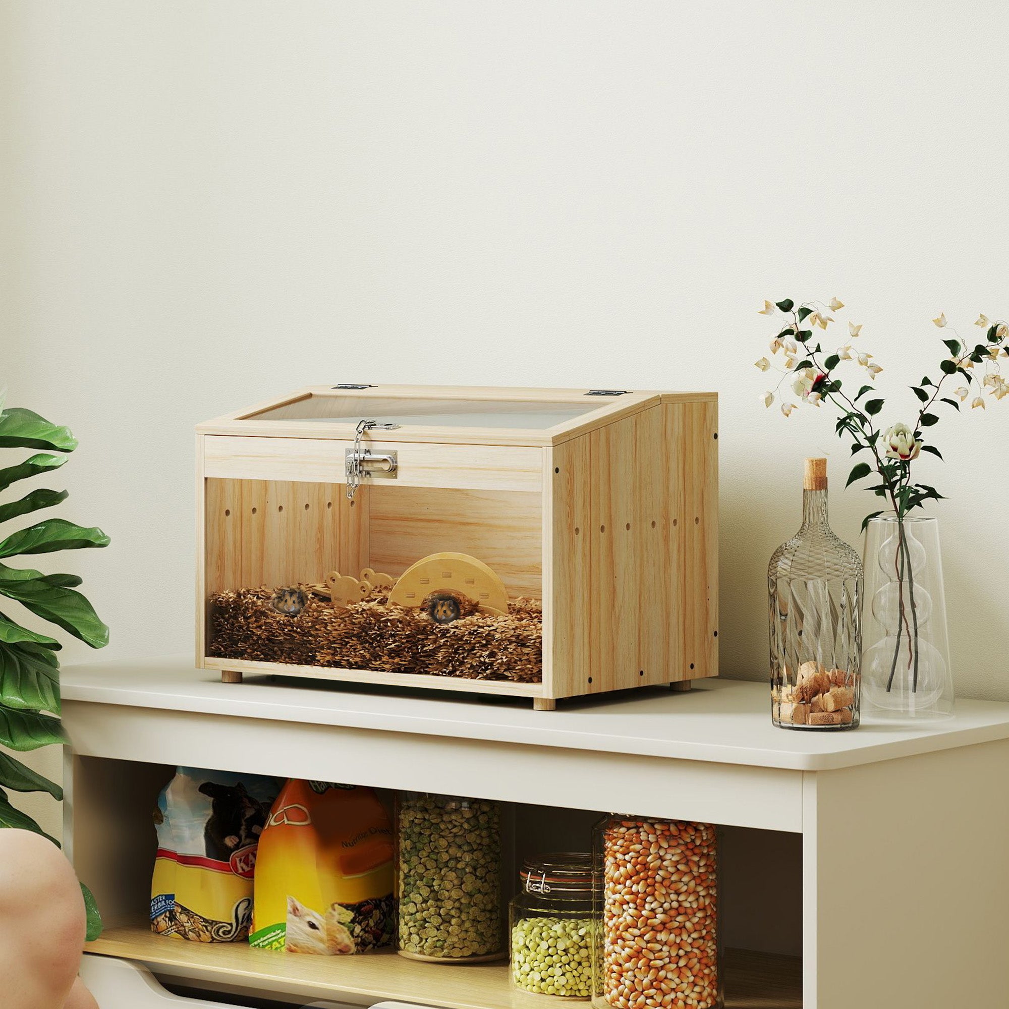 22"L Hamster Cage, Small Animal Cage with Openable Top & Transparent Acrylic Windows, Hamster Enclosure with Hut, Seesaw, Ladder, for Dwarf Hamster, Gerbil, Natural Wood