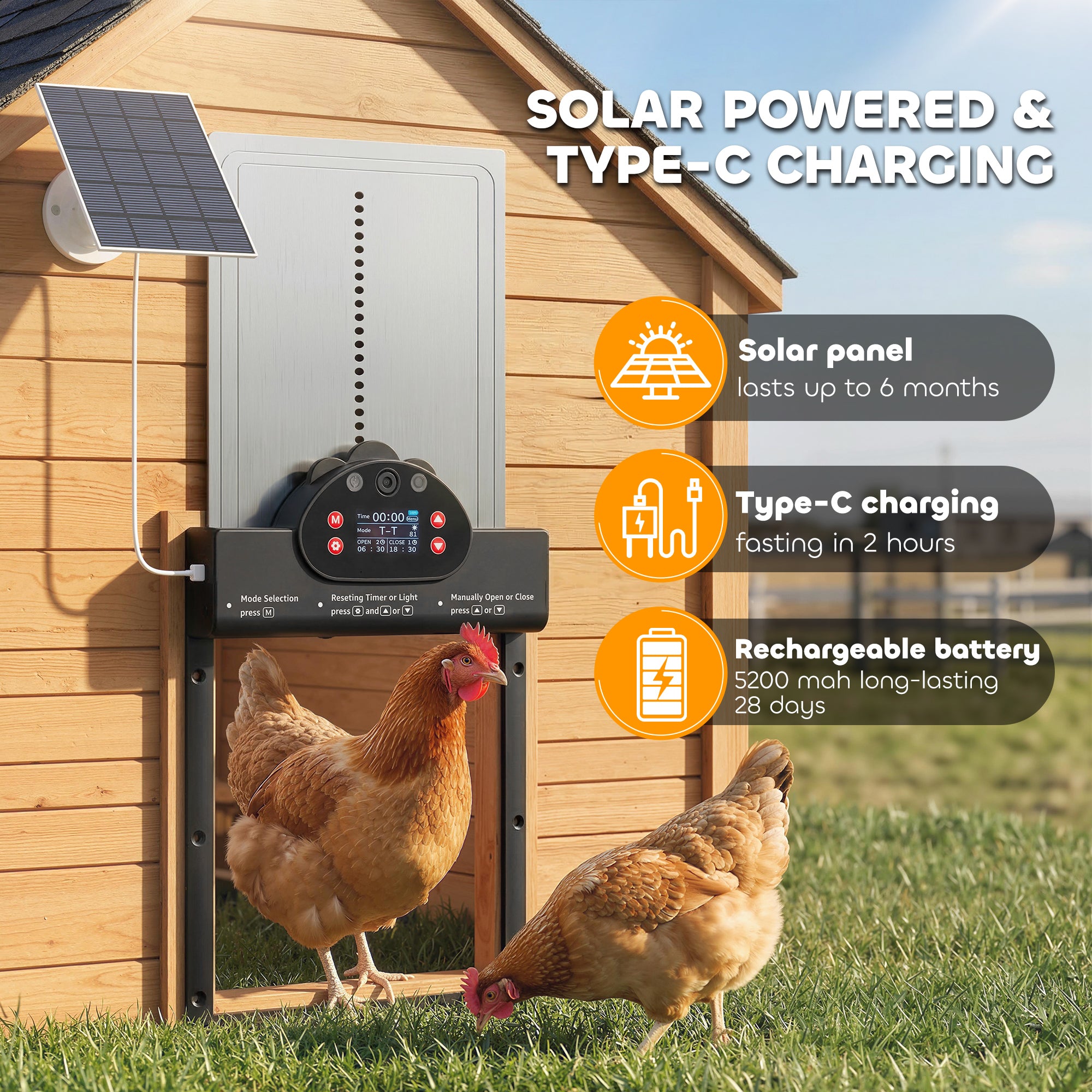 2K HD AI Camera Automatic Chicken Coop Door, WiFi Solar Powered Auto Chicken Coop Door Opener with Timer & Light Sensor, APP Remote Control, 5200 mAh Battery, Anti-Pinch & Alarm Driver Function