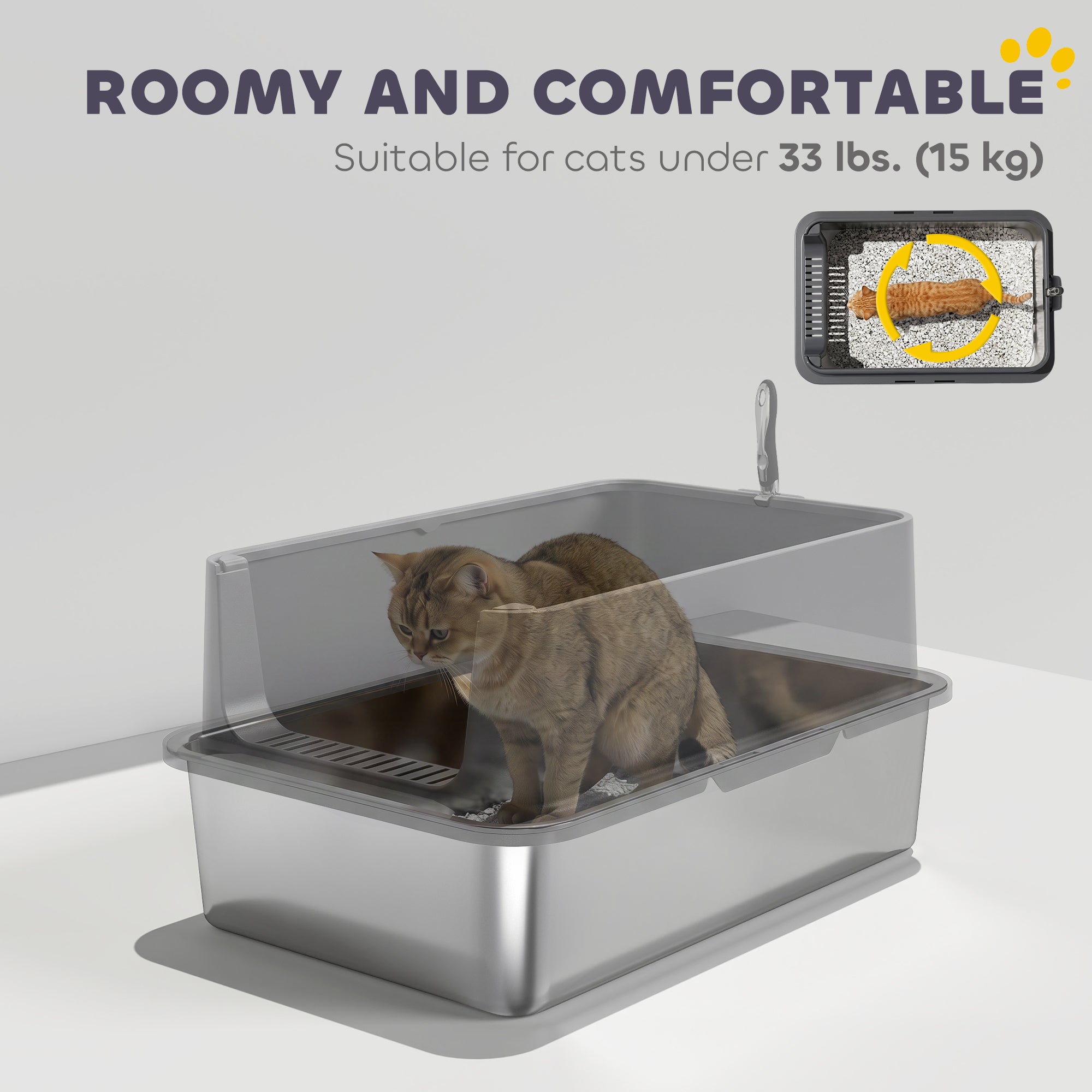 Stainless Steel Cat Litter Box, XL Kitty Litter Box for Big and Multiple Cats with High Wall Side, Scoop, Anti-Leakage, Easy Cleaning & Odor Free, Dark Grey