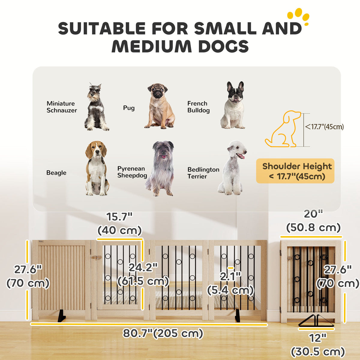 Freestanding Dog Gate, Wooden Foldable Pet Gate with 4 Panels, Walk-Through Door, Support Feet, Non-Slip Mats, Dog Safety Fence for Doorways, Stairs and Hallways, Oak