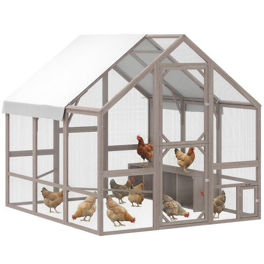 Large Wooden Chicken Coop for 8-10 Hens, Walk-in Chicken Run with Waterproof Cover, Nesting Boxes and Perches, Outdoor Poultry Cage Rabbit Hutch for Backyard, 83" x 73" x 73", Light Brown