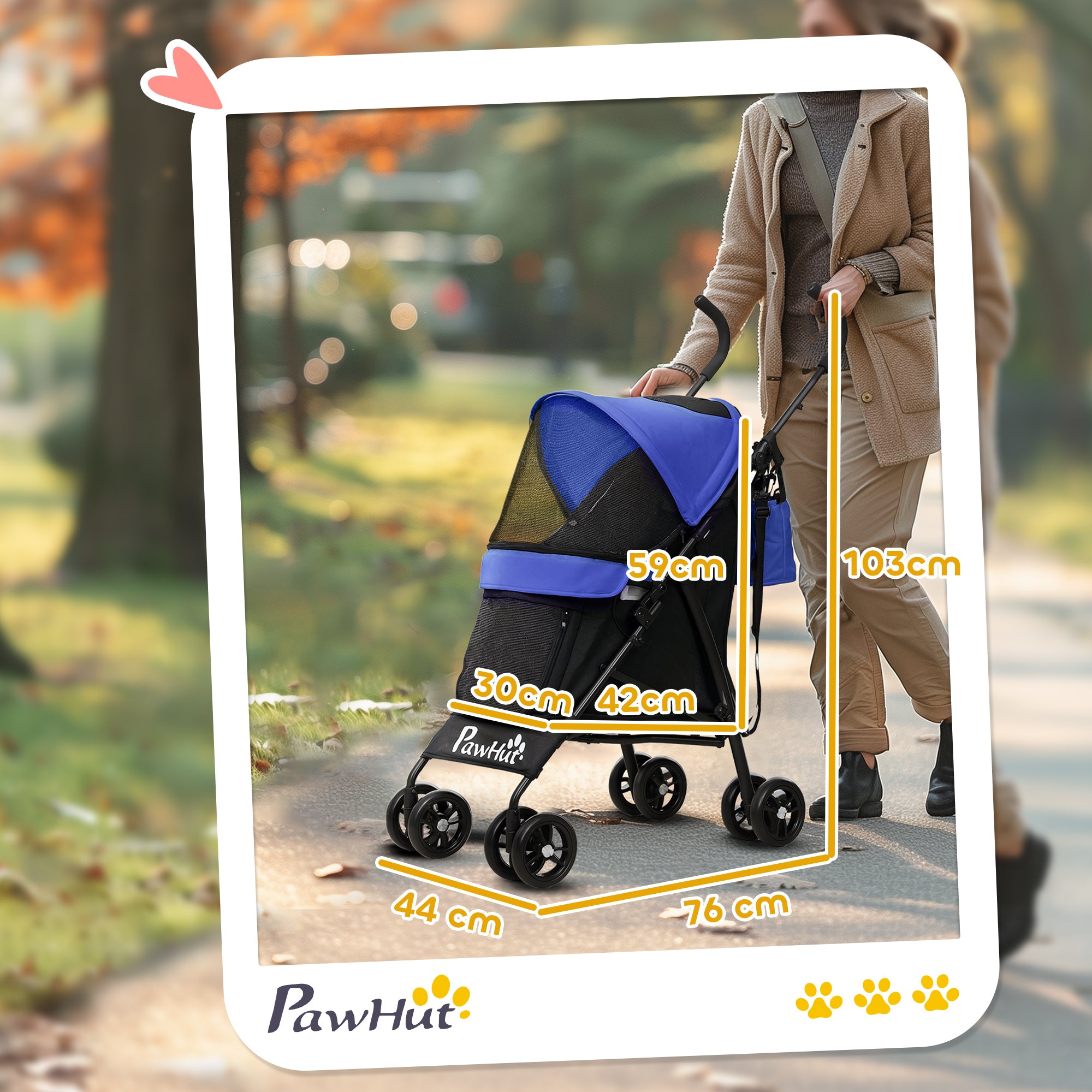 Pet stroller for Miniature Dogs, Foldable Dog Stroller with Shoulder Strap, 4 Wheels Pet Pram with Storage Bag, Cup Holder, Dark Blue