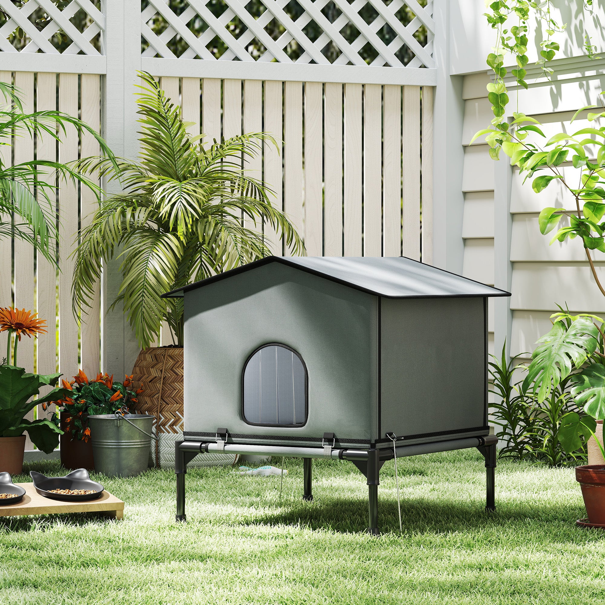 Outdoor Cat House, Waterproof Insulated Cat Kennel with Elevated Base, Cushion, Foldable Feral Kitty Shelter for Indoor Outdoor Kittens, Grey